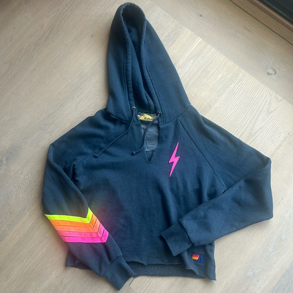 Aviator Nation Cropped Hoodie with Pink bolt in back